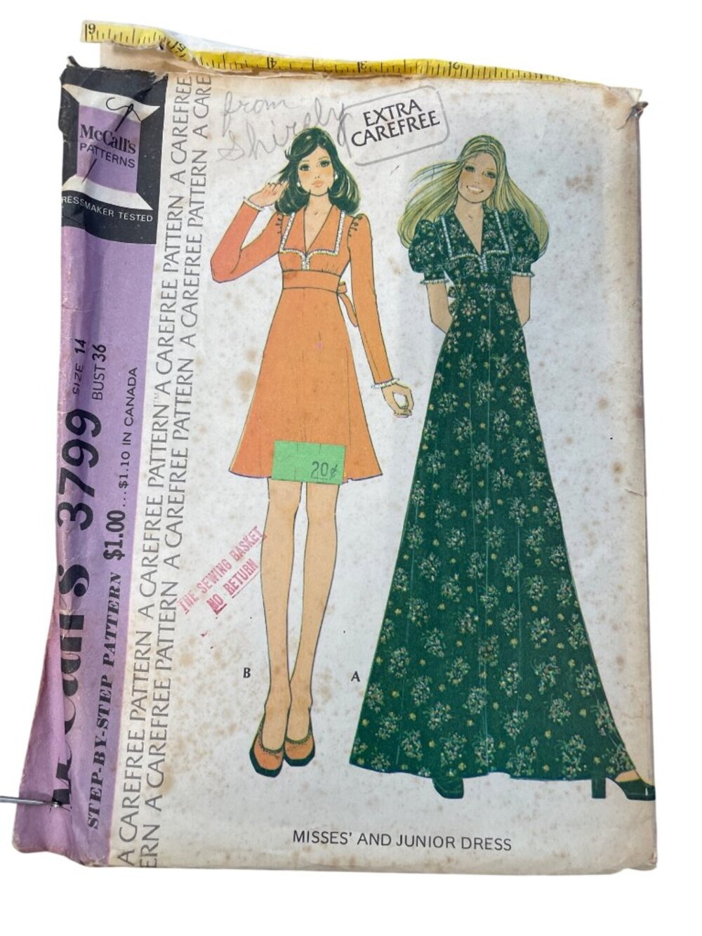 Vintage 70s McCalls 3799 Sewing Pattern Size 14 Misses & Junior Dress Retro CUT